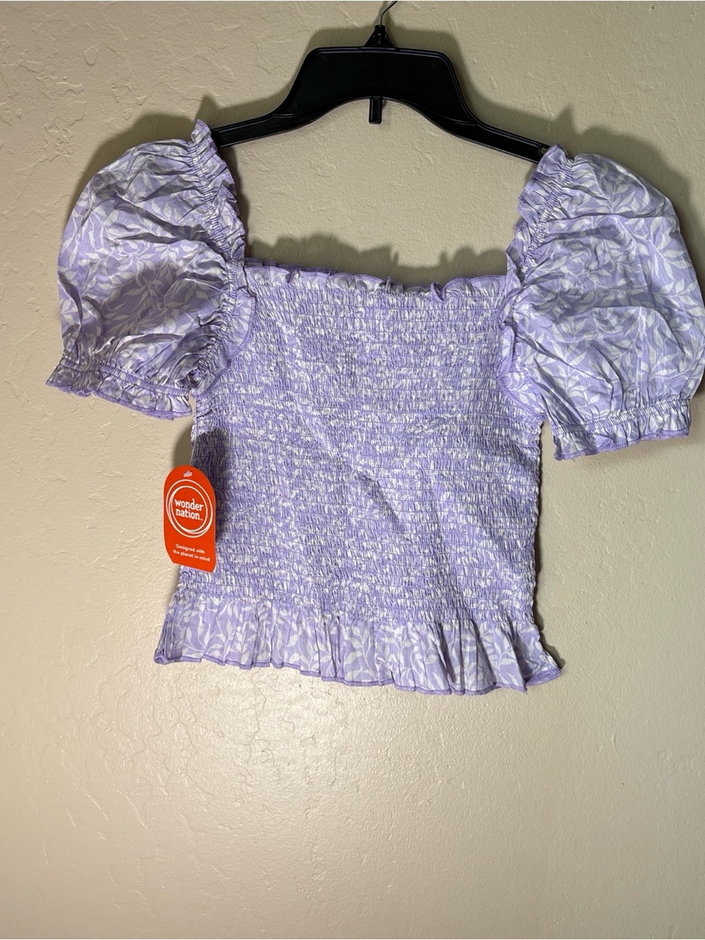 wonder nation Lavender Smocked Puff Sleeve Crop Top with Ruffle Hem